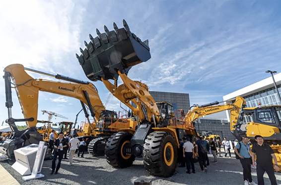 Construction machinery displayed at an industry exhibition